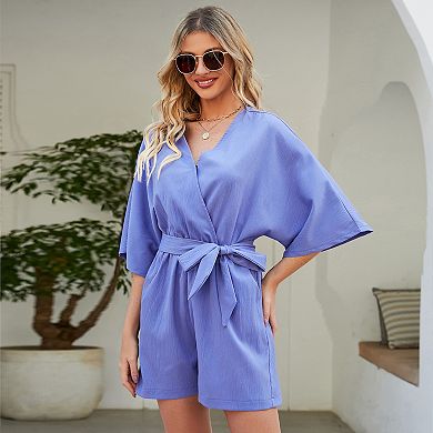 Women Casual V Neck Short Jumpsuits Belted Wrap Flared Half Sleeve Waist Tie Romper