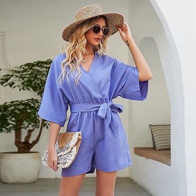 Women Casual V Neck Short Jumpsuits Belted Wrap Flared Half Sleeve Waist Tie Romper