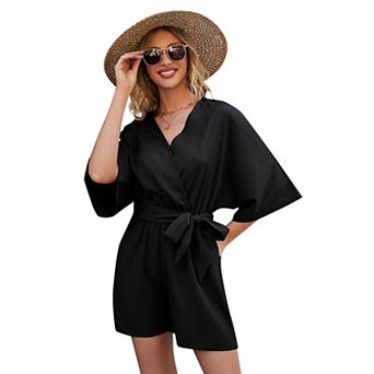 Women Casual V Neck Short Jumpsuits Belted Wrap Flared Half Sleeve Waist Tie Romper