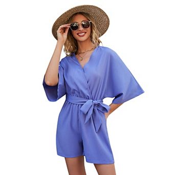 Women Casual V Neck Short Jumpsuits Belted Wrap Flared Half Sleeve Waist Tie Romper