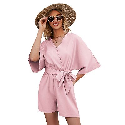 Women Casual V Neck Short Jumpsuits Belted Wrap Flared Half Sleeve Waist Tie Romper