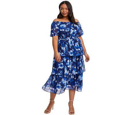 Quiz Women s Plus Size Chiffon Floral Bardot Tiered Midi Dress