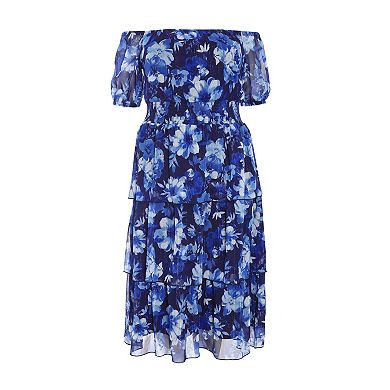 Quiz Women's Plus Size Chiffon Floral Bardot Tiered Midi Dress