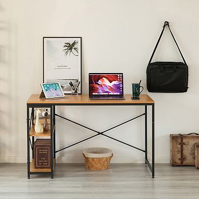 Industrial Rectangular Wood And Metal Home Office Computer Desk With 2 Side Shelves