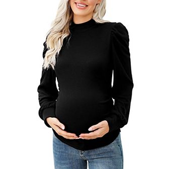 Women's Knit Ribbed Maternity Top Mock Neck Long Sleeve Shirts Pregnant Ruched Tunic Pullover Top