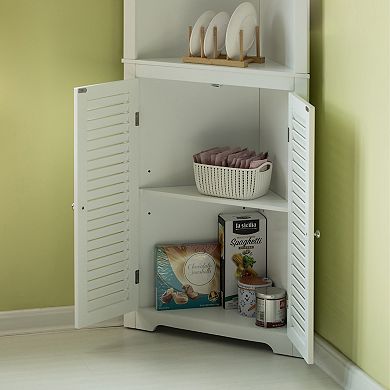 White Standing Storage Corner Cabinet Organizer With 3 Open Shelf And Double Shutter Doors