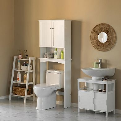 White Over The Toilet Standing Cabinet Organizer For Bathroom With Open Shelf