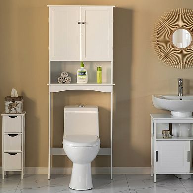 White Over The Toilet Standing Cabinet Organizer For Bathroom With Open Shelf
