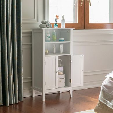 White Bathroom Storage Cabinet With 2 Doors And 2 Open Shelves For Bedroom, Bathroom, And Vanity