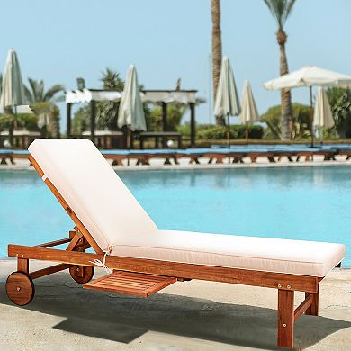 Seabrook Outdoor Acacia Wood Lounger With Cushion Position Back Slide Table Wheels