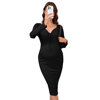 Maternity Ribbed Knit Dress V Neck Adjustable Drawstring Halter Tie Long Sleeve Side Slit Midi Dress