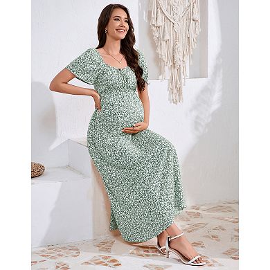 Maternity Maxi Dress Square Neck, Tie Front & Flutter Sleeves for Baby Shower & Summer