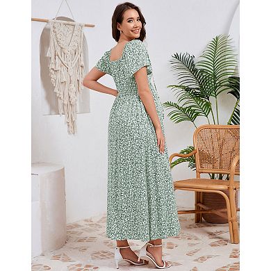 Maternity Maxi Dress Square Neck, Tie Front & Flutter Sleeves for Baby Shower & Summer