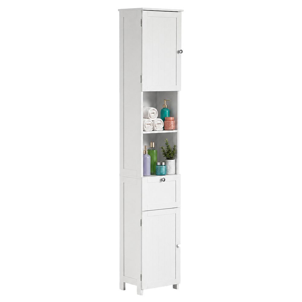White Tall Standing Bathroom Linen Tower Storage Cabinet For