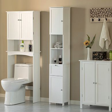 White Tall Standing Bathroom Linen Tower Storage Cabinet For Bathroom And Vanity