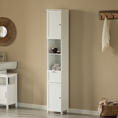 White Tall Standing Bathroom Linen Tower Storage Cabinet For Bathroom And Vanity