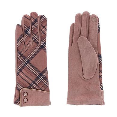 CTM Women's Plaid Touchscreen Gloves with Button Detail