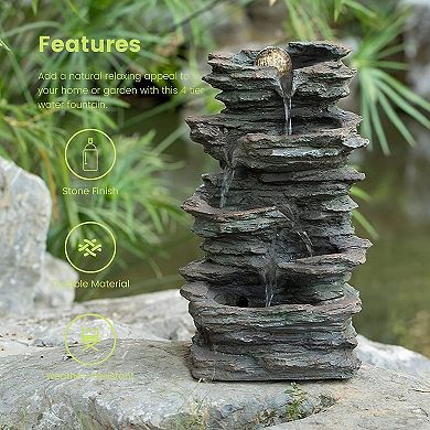 Decorative 4 Tier Rock Look Water Fountain with LED Rolling Glow Ball for Home and Garden