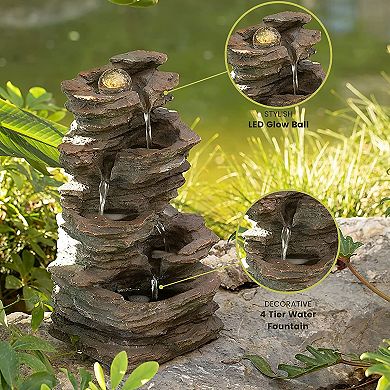 Decorative 4 Tier Rock Look Water Fountain with LED Rolling Glow Ball for Home and Garden