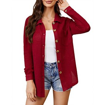 Womens Waffle Knit Shirt Button Down Oversized Blouse Long Sleeve Jacket Tops With Bust Pockets