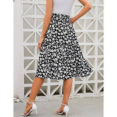 Women's Elastic High Waisted Maternity Skirt Floral Pleated Swing Flowy Midi Skirts With Pockets