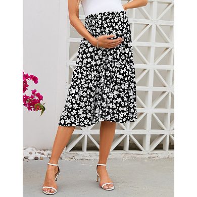 Women's Elastic High Waisted Maternity Skirt Floral Pleated Swing Flowy Midi Skirts With Pockets