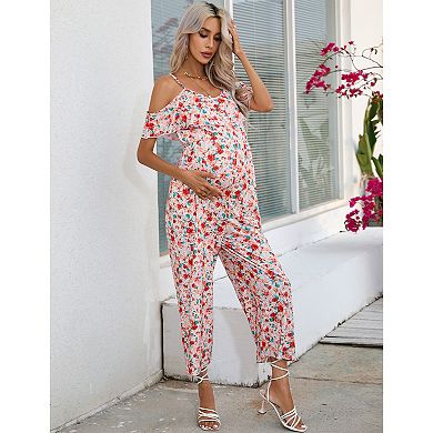 Women's Maternity Jumpsuit V Neck Sleeveless Summer Casual Ruffle High Waisted Loose Romper