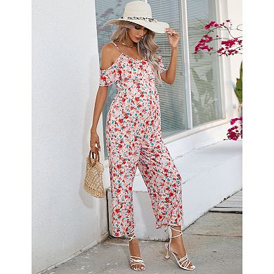 Women's Maternity Jumpsuit V Neck Sleeveless Summer Casual Ruffle High Waisted Loose Romper