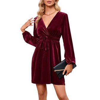 Women's Velvet Dress Wrap V Neck Pleated Waist Long Sleeve Casual Party Skater Dresses
