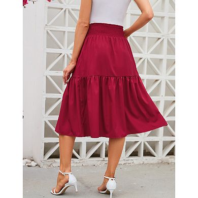 Women's Elastic High Waisted Maternity Skirt Floral Pleated Swing Flowy Midi Skirts With Pockets