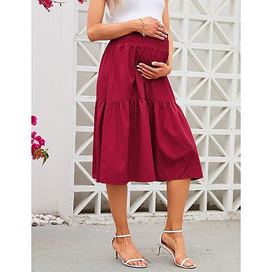 Women's Elastic High Waisted Maternity Skirt Floral Pleated Swing Flowy Midi Skirts With Pockets
