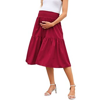 Women's Elastic High Waisted Maternity Skirt Floral Pleated Swing Flowy Midi Skirts With Pockets