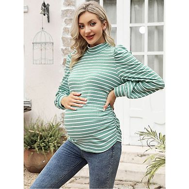 Women's Knit Ribbed Maternity Top Mock Neck Long Sleeve Shirts Pregnant Ruched Tunic Pullover Top