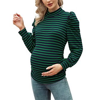 Women's Knit Ribbed Maternity Top Mock Neck Long Sleeve Shirts Pregnant Ruched Tunic Pullover Top