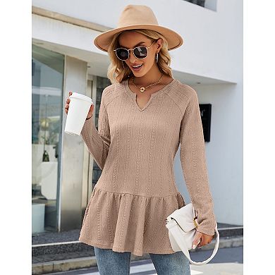 Women's Casual Lantern Long Sleeve Tunic Tops Henley V Neck Button Shirt Peplum Ruffle Blouse