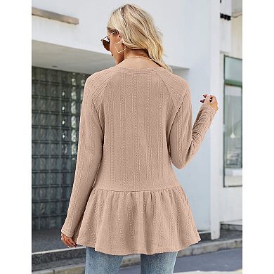 Women's Casual Lantern Long Sleeve Tunic Tops Henley V Neck Button Shirt Peplum Ruffle Blouse