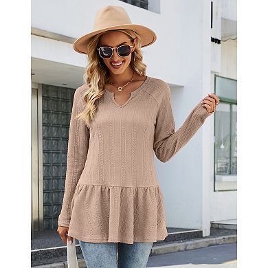 Women's Casual Lantern Long Sleeve Tunic Tops Henley V Neck Button Shirt Peplum Ruffle Blouse