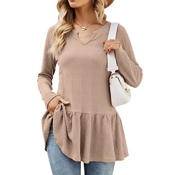 Women's Casual Lantern Long Sleeve Tunic Tops Henley V Neck Button Shirt Peplum Ruffle Blouse