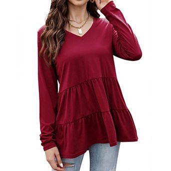 Women Babydoll Tunic Tops For Leggings Long Sleeve V Neck Peplum Tops Casual Swing T Shirts Blouse