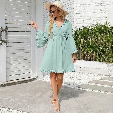 Women's Long Sleeve Dress Wrap V-Neck Bell Sleeve A-line Mini Dress Ruffle Flowy Swing Dresses