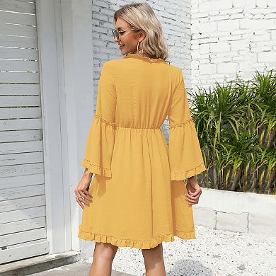 Women's Long Sleeve Dress Wrap V-Neck Bell Sleeve A-line Mini Dress Ruffle Flowy Swing Dresses