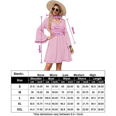 Women's Long Sleeve Dress Wrap V-Neck Bell Sleeve A-line Mini Dress Ruffle Flowy Swing Dresses