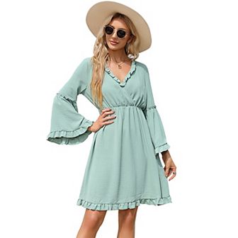 Women's Long Sleeve Dress Wrap V-Neck Bell Sleeve A-line Mini Dress Ruffle Flowy Swing Dresses