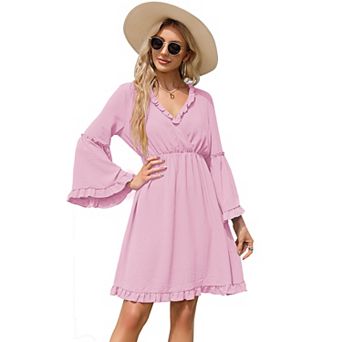 Women's Long Sleeve Dress Wrap V-Neck Bell Sleeve A-line Mini Dress Ruffle Flowy Swing Dresses