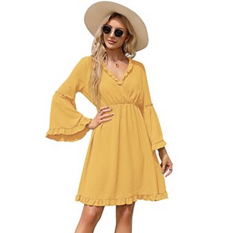 Women's Long Sleeve Dress Wrap V-Neck Bell Sleeve A-line Mini Dress Ruffle Flowy Swing Dresses