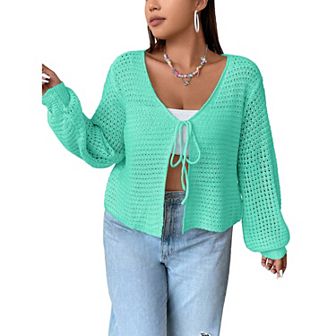 Women's Plus Size Cardigan Hollow Out Open Knit Sweater Ladies Fall Front Tie Shrug