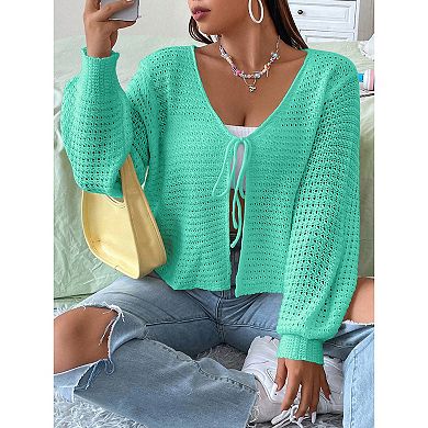 Women's Plus Size Cardigan Hollow Out Open Knit Sweater Ladies Fall Front Tie Shrug