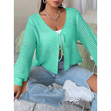 Women's Plus Size Cardigan Hollow Out Open Knit Sweater Ladies Fall Front Tie Shrug
