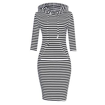 Women Casual Pullover Black Slim Kneen Length Pullover Hoodie Dress with Pocket