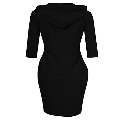 Women Casual Pullover Black Slim Kneen Length Pullover Hoodie Dress with Pocket